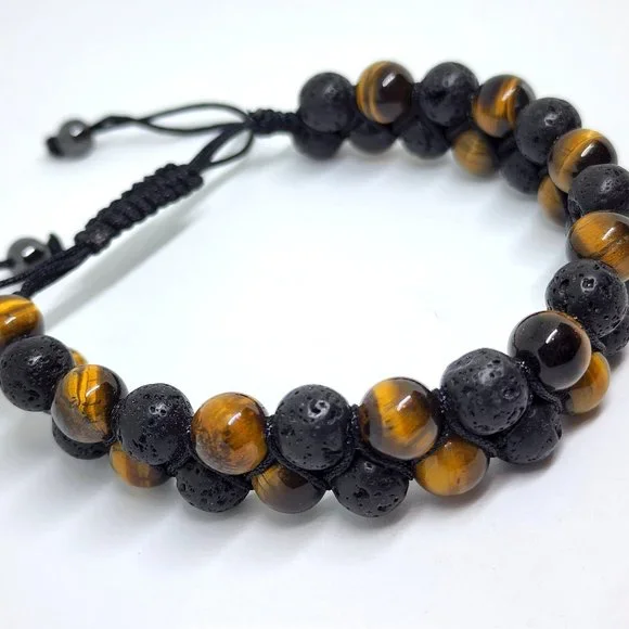 Natural Tiger Eye Black Lava Stone Double Strand Adjustable Lariat Bracelet